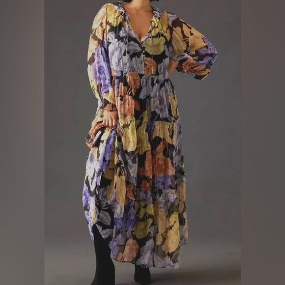 Anthropologie Dresses & Skirts - Anthropologie Floral Long-Sleeve Maxi Dress in Black, Yellow & Lavender